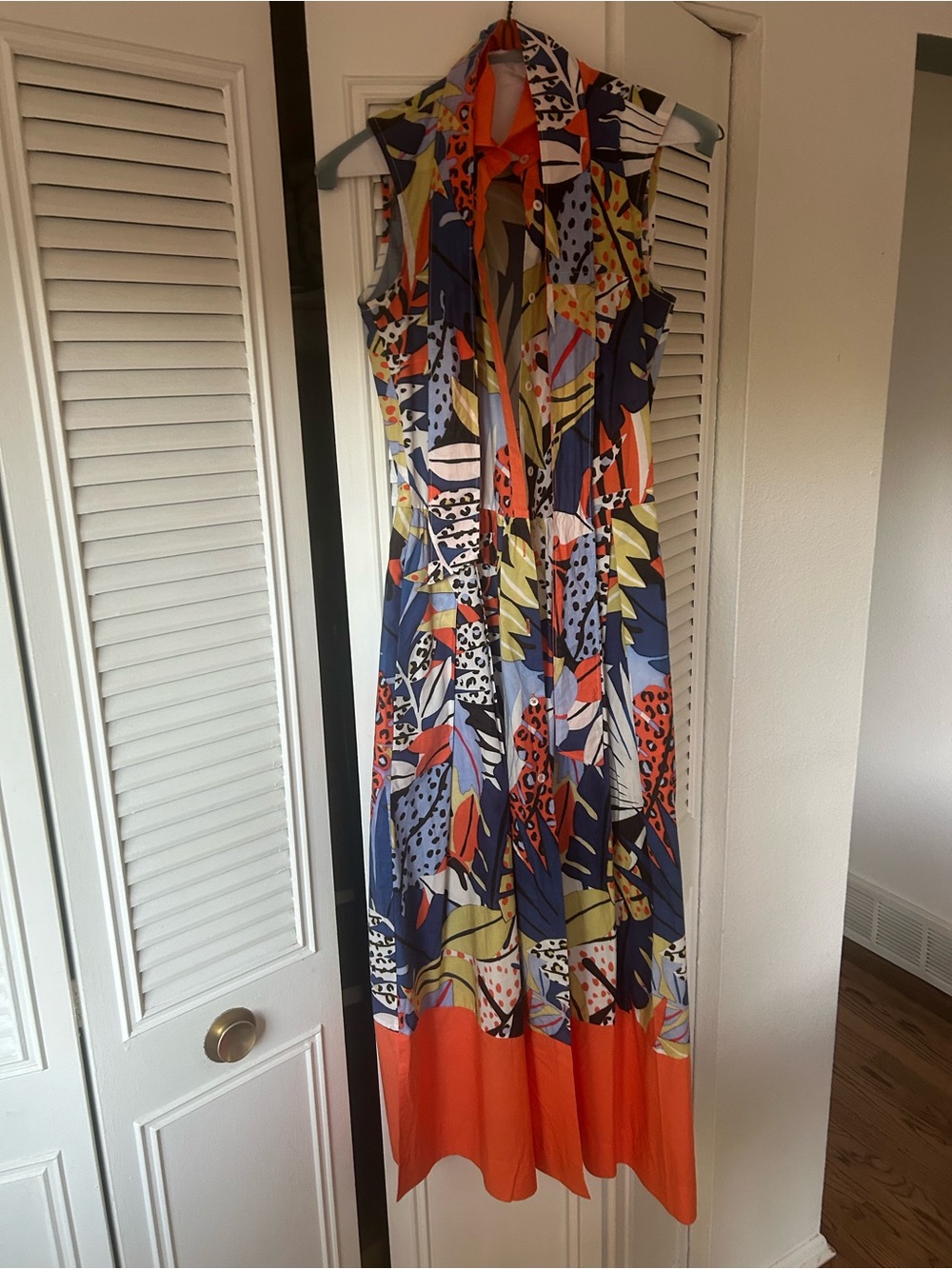 Sleeveless Multi-Print Midi Dress with Orange Hem
